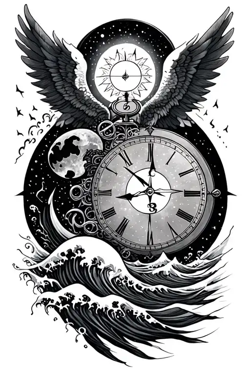 moon, sun, clock, compass, waves falling angel tattoo design idea