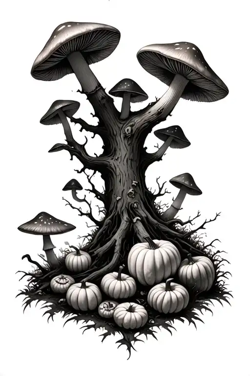 A grim realistic forest full of mushrooms and pumpkins tattoo design idea