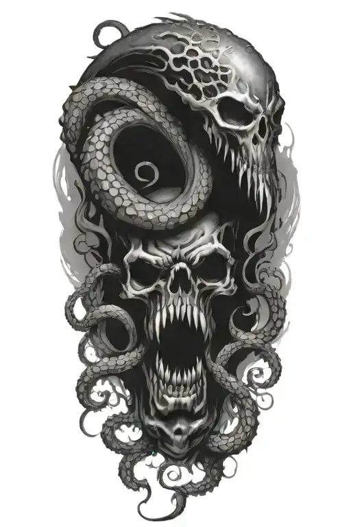 A black and grey tattoo of a malevolent kraken overtaking a skull with its massive tentacles  tattoo design idea