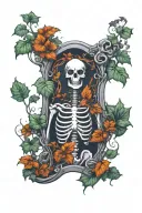 skeleton grave stone ivy leaves intertwined tattoo design idea