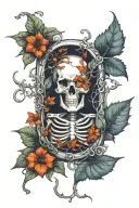 skeleton grave stone ivy leaves intertwined tattoo design idea