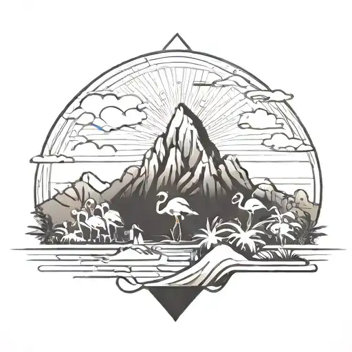 mountains with touches of Palm trees and flamingos  tattoo design idea