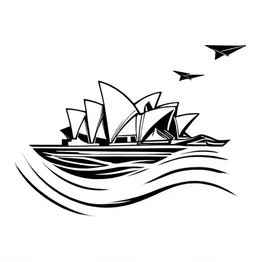 Sydney Opera House emerging from a flowing wave which transitioning into a kangaroo and a paper airplane flying above tattoo design idea