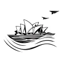 Sydney Opera House emerging from a flowing wave which transitioning into a kangaroo and a paper airplane flying above tattoo design idea
