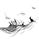 Sydney Opera House emerging from a flowing wave which transitioning into a kangaroo and a paper airplane flying above tattoo design idea