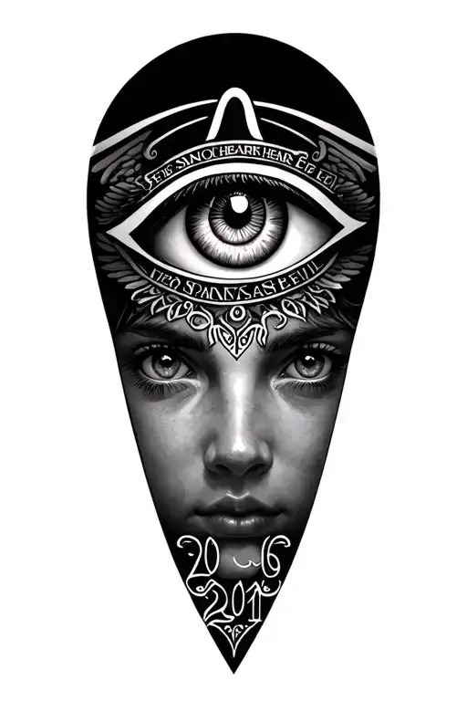 realism eye of horus on top + see no evil hear no evil speak no evil angels + filigree + 2001 in font at bottom tattoo design idea