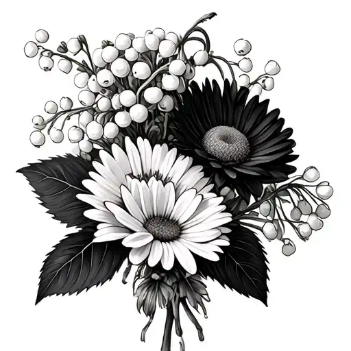bouquet of open chrysanthemum, common daisies and lily of the valley  tattoo design idea