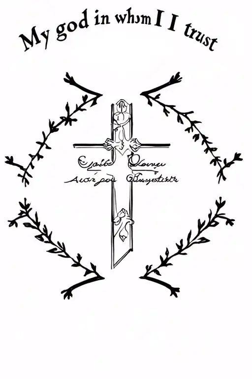 cross with words" my god in whom I trust" with a knight guarding it tattoo design idea