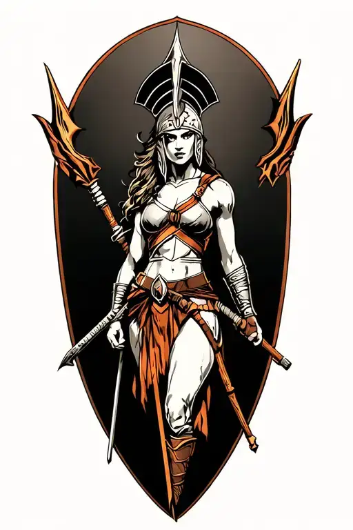ares as a female spartan with spear and shield adorned tattoo design idea