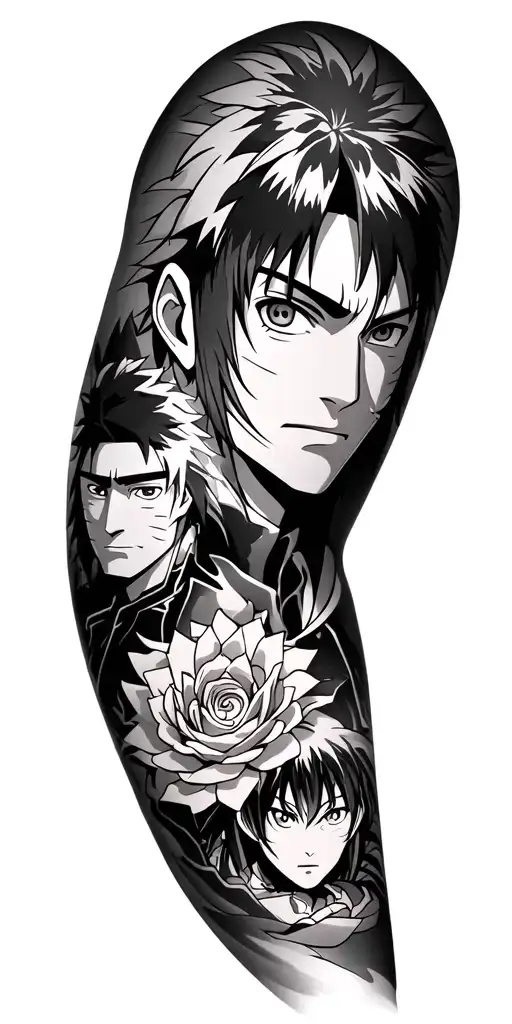 full sleeve tattoo featuring animes including black clover, naruto, hajime no Ippo, vinland saga and hunter x hunter tattoo design idea
