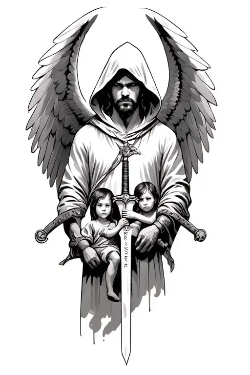 Warrior Angels masculine man with hood on and sword with 3 children names blended to surroundings tattoo design idea