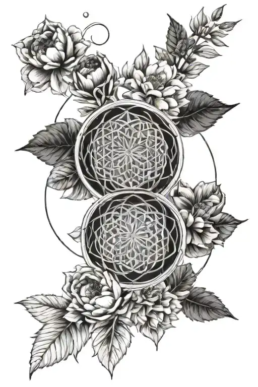 flower of life discrete in point, peony in fine line, 7 phases of the moon in real effect with shading tattoo design idea