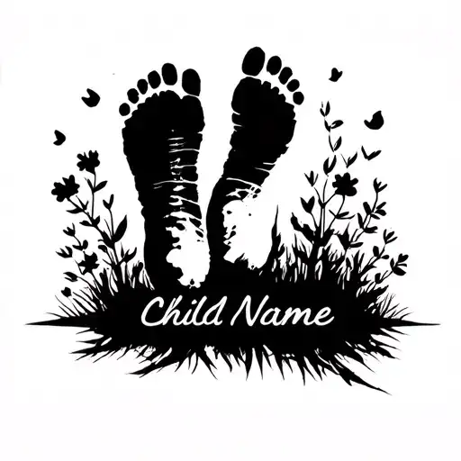 child name and footprint silhouette tattoo design idea