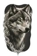 wolf fire flames left arm tattoo design idea