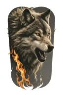 wolf fire flames left arm tattoo design idea