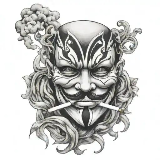 vendetta mask and cigarette in a mouth gazing tattoo design idea