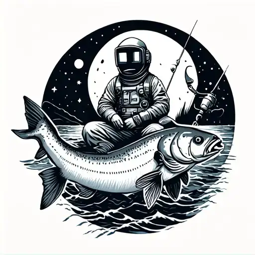 astronout, fishing, welding mask, sitting on moon, sea, catching a carp tattoo design idea