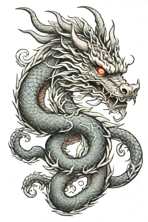 a Japanese dragon tattoo with side profile face in a manner that two eyes are visible, add air water fire elements as ba tattoo design idea