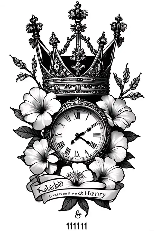 queen crown surounded with hibiscus flowers a banner under with names Kaleb and Henry and a clock set to 11:11 tattoo design idea