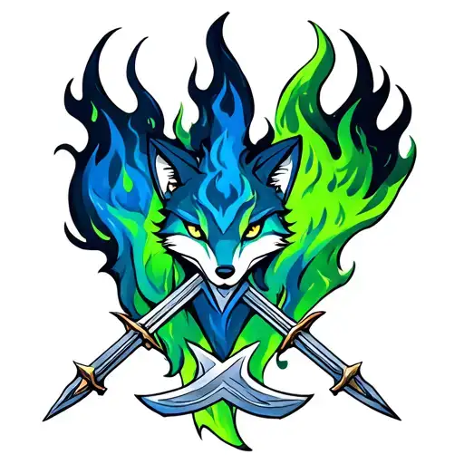 9 tale of a fox, blue and green flamming fire with a two crossing sword  tattoo design idea