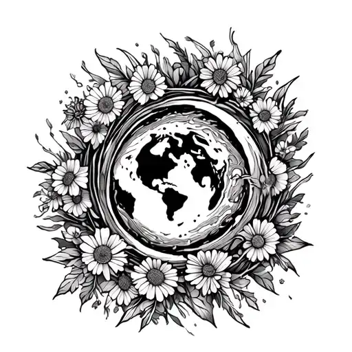 fine line sun inside a spinning world covered in wildflowers  tattoo design idea