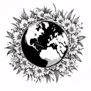 fine line sun inside a spinning world covered in wildflowers  tattoo design idea