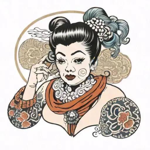 Japanese Lucille Ball shunga with a yo-yo wrapped around her breast tattoo design idea