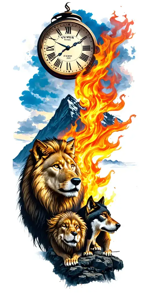 on fire Lion, a wolf and a coba on a mountain with a clock that says November 6 2001 tattoo design idea