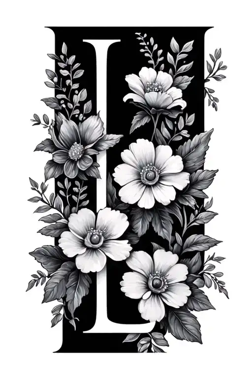 the last name box in cursive with smal l flowers tattoo design idea