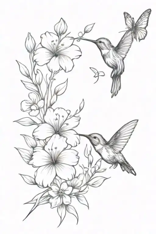 boquet of flowers with 2 butterflies and 1 hummingbird   tattoo design idea