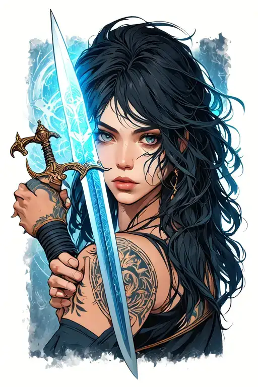 Tattoo-style illustration in realistic/fantasy style: a long sword inspired by Ais Wallenstein and a magical dagger with tattoo design idea