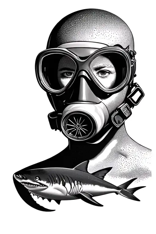 old scuba diving mask, with sharks swimming tattoo design idea