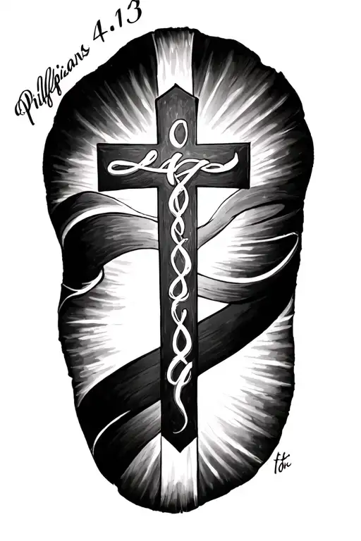 Phillipians 4:13 verse in cursive on lower forearm with cross above it with two bands around cross tattoo design idea
