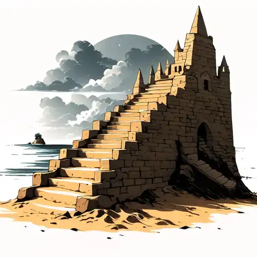sand castle with stairs leading to it showing calm, growth and peace tattoo design idea