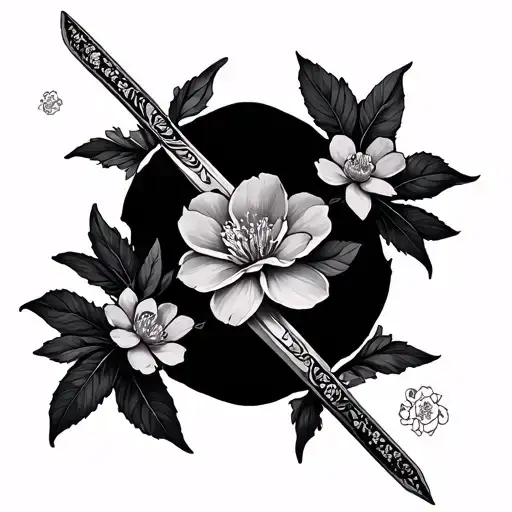 cherry blossoms and daggers hidden among them tattoo design idea