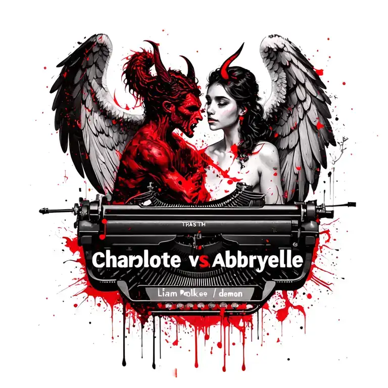 "Charlotte, Liam, Abryelle" angel vs demon. text in typewriter font tattoo design idea