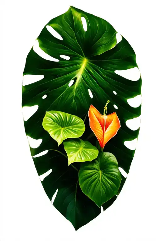 leaves of Philodendron melanochrysum, monstera deliciosa 'aurea' and Anthurium warocqueanum and a Dendrobates auratus tattoo design idea
