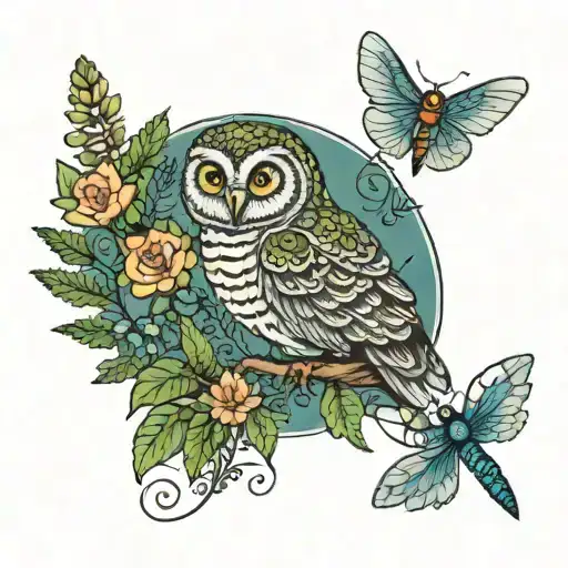 fern, owl, dragonfly, Fine-line, fower tattoo design idea