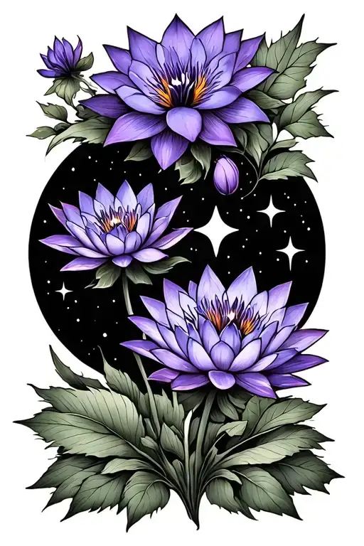 SPINE TAT INCLUDING VIOLET FLOWER WATER LILY FLOWER HAWTHORN FLOWER MORNING GLORY FLOWER MOON STARS AND QUOTE tattoo design idea