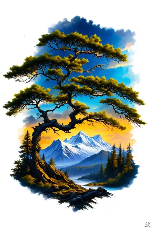 Tree branches and mountain landscape tattoo design idea
