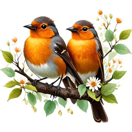 fineline robin birds sat on branches with small leaves and flowers tattoo design idea
