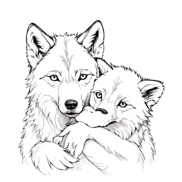 wolf and two hug cubs tattoo design idea