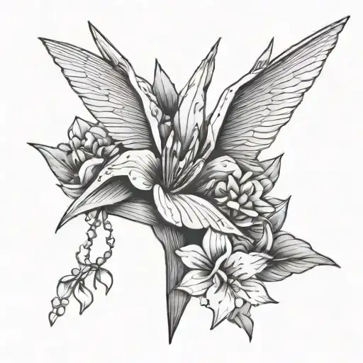 paper crane holding an amarllyis flower tattoo design idea