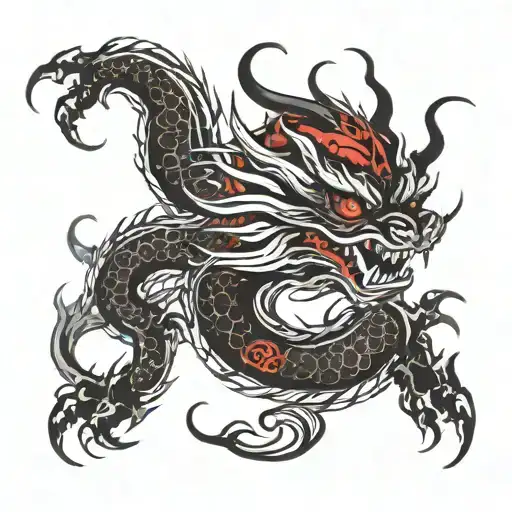 A shadowed Chinese dragon forearm tattoo in red and black colors c a dynamic design. tattoo design idea