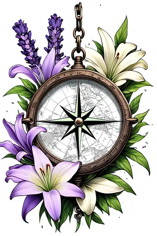 lilys with lavender compass with map and chain  tattoo design idea