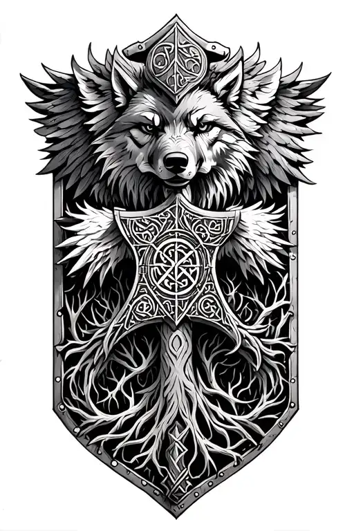 A very detailed vegvisir viking thor's hammer wolf oden's raven rune tree of life viking shield tattoo design idea
