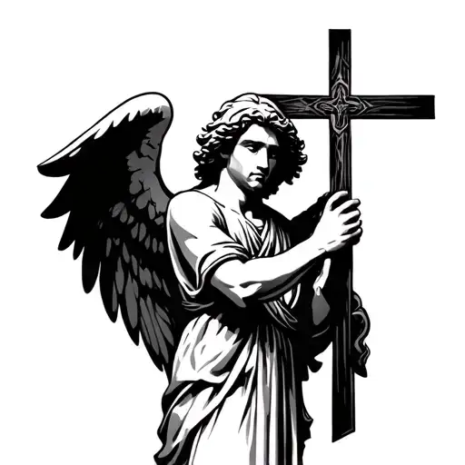 masculine angel holding a cross tattoo tattoo design idea