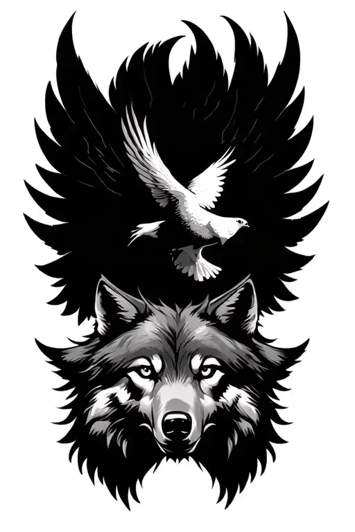 Wolf head sideways facing up with a phoenix bird flying semi closed wings over it tattoo tattoo design idea