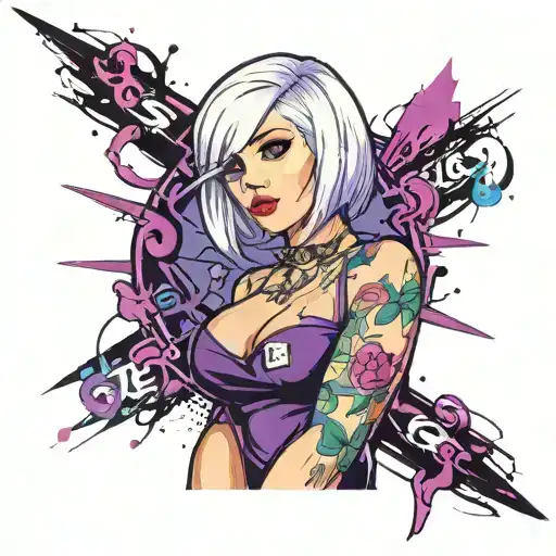 Sexy Petite Girl white short bob hairstyle, revealing clothes, big boobs, purple eyes, wide hips Slutty. gothic pin-up  tattoo design idea