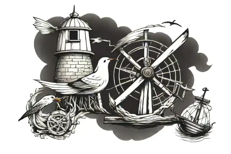old small windmill seagull carrying anchor tattoo design idea